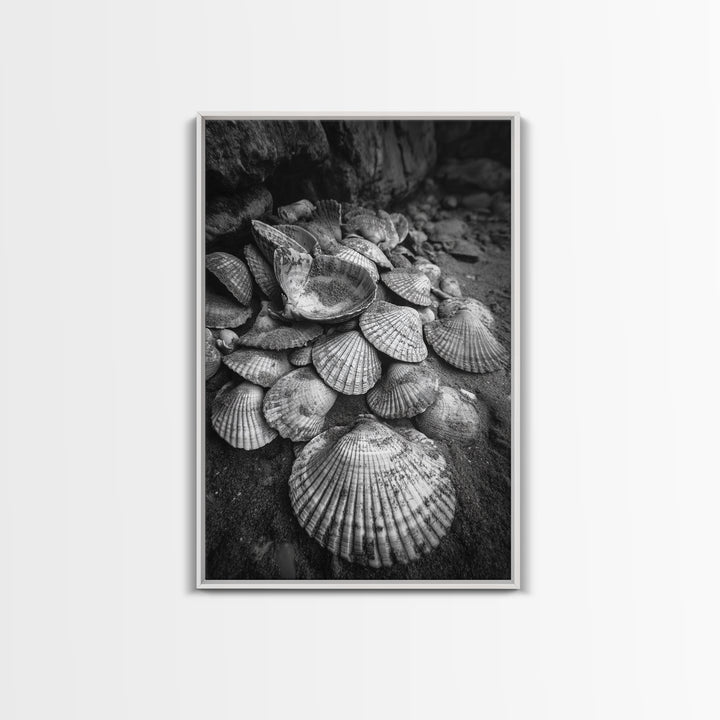 Seashell Pile, Textured Beach, Coastal Treasures, Natural Beauty Framed Canvas Print, bathroom decor, shell art, beach wall style