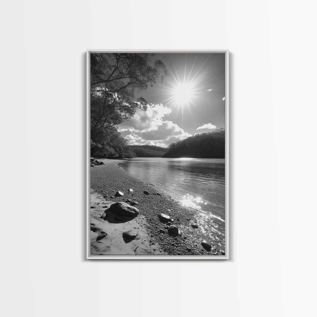 Ocean Shoreline, Serene Landscape, Coastal Photography, Canvas Print, Modern Nature Decor, Living Room Wall Art, Black and White Art