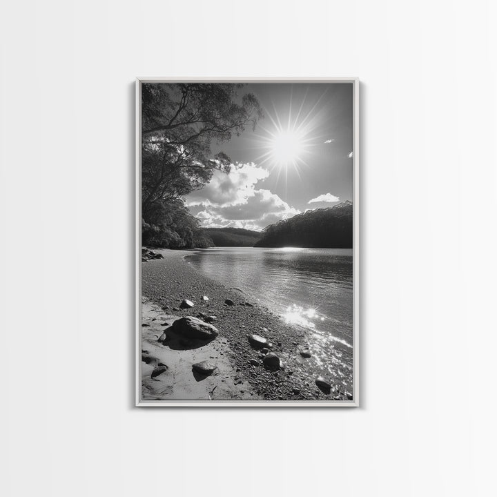 Ocean Shoreline, Serene Landscape, Coastal Photography, Canvas Print, Modern Nature Decor, Living Room Wall Art, Black and White Art