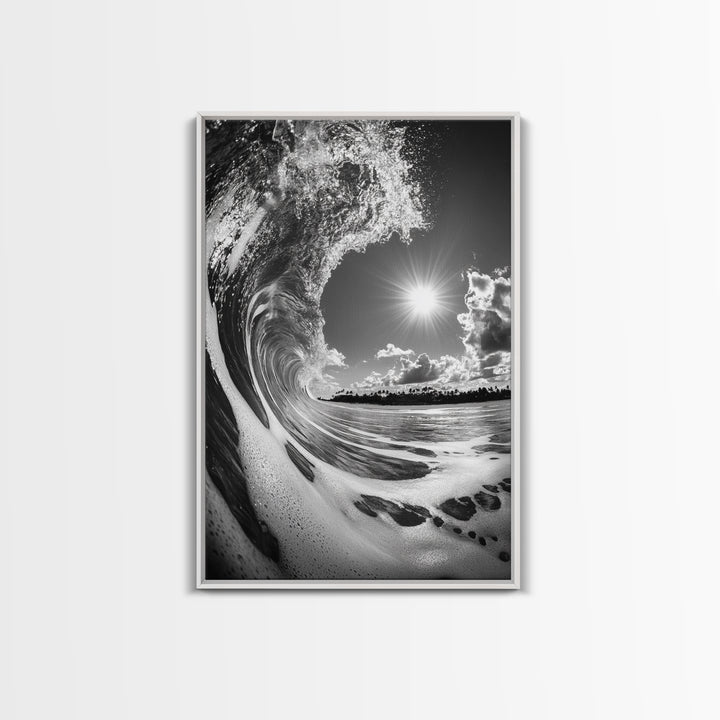Wave Photography, Surfer Dream, Sea Curl Motion, Framed Canvas Print, Coastal Wall Art, Beach House Decor, Monochrome Ocean Style