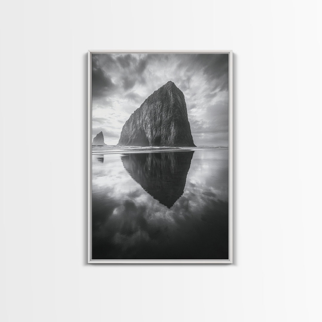 Coastal Rock, Haystack Reflection, Tranquil Beach Scene, Framed Canvas Print, Minimalist Art, Bathroom or Entryway Wall Art