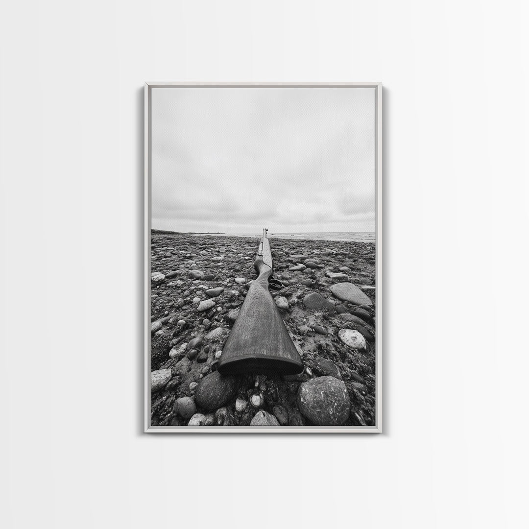 Rifle on Pebbles, Rustic Coastal, Survivalist Aesthetic, Canvas Print, Cabin Wall Art, Masculine Decor, Nature Minimalist Style