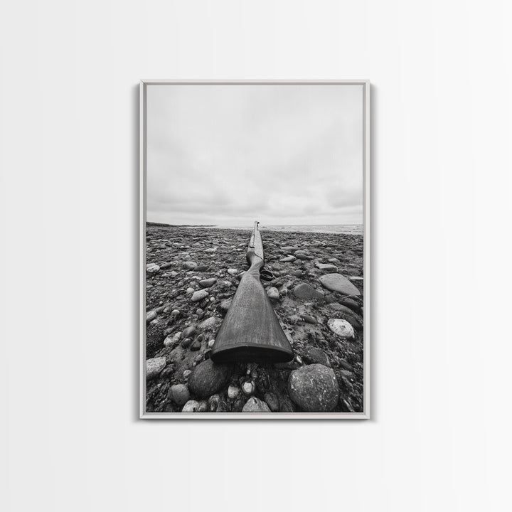 Rifle on Pebbles, Rustic Coastal, Survivalist Aesthetic, Canvas Print, Cabin Wall Art, Masculine Decor, Nature Minimalist Style