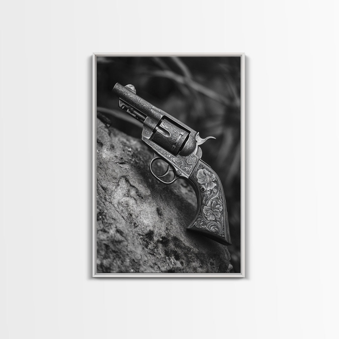 Floral Engraved Revolver, Vintage Western Gun, Cowboy Detail Shot, Canvas Print, Man Cave Art, Rustic Americana Wall Style