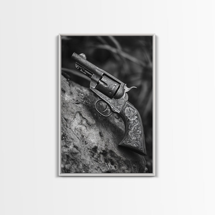 Floral Engraved Revolver, Vintage Western Gun, Cowboy Detail Shot, Canvas Print, Man Cave Art, Rustic Americana Wall Style