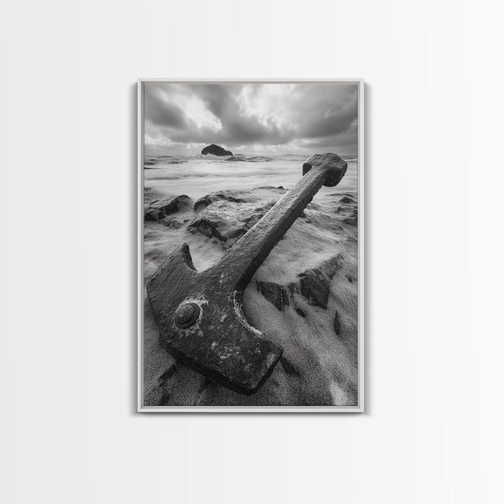 Ocean anchor scene, nautical coastal vibes, shipwreck inspiration, stormy sky, Framed Canvas Print, entryway art, maritime wall decor