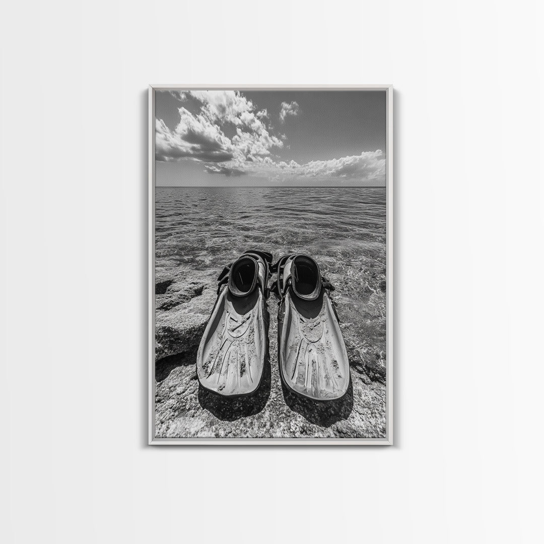 Ocean Fins, Coastal Escape, Underwater Adventure, Canvas Print, Beach Bathroom Wall Art, Nautical Photography, Black and White Decor
