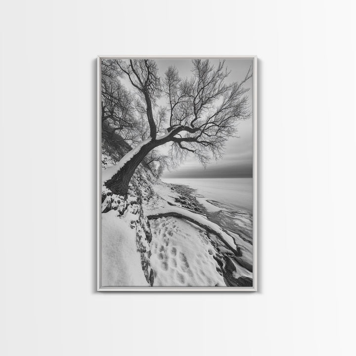 Coastal Snow, Barren Tree, Frozen Shoreline, Canvas Print, Serene Winter Decor, Entryway or Hallway Minimalist Wall Art