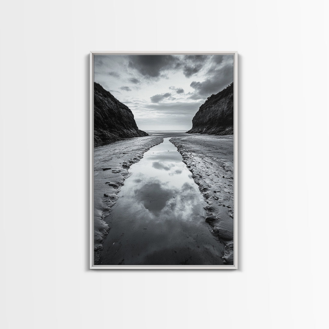 Ocean Reflection, Seaside Path, Moody Coastline, Canvas Print, Black and White Nature Photography, Modern Living Room Wall Art