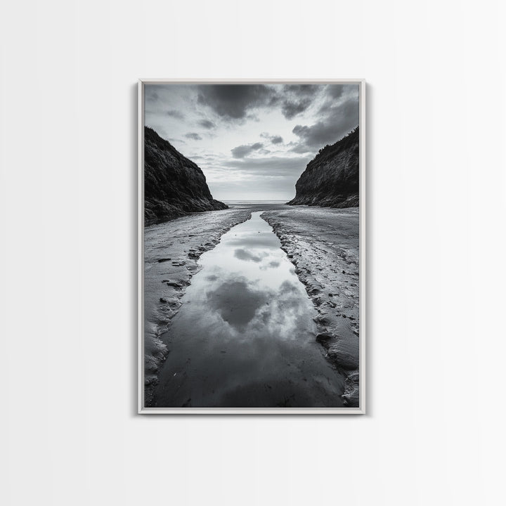 Ocean Reflection, Seaside Path, Moody Coastline, Canvas Print, Black and White Nature Photography, Modern Living Room Wall Art