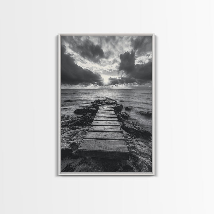 Ocean Pier Sunset, Dramatic Clouds, Seascape Pathway, Canvas Print, Coastal Living Room Art, Tranquil Decor, Minimalist Style