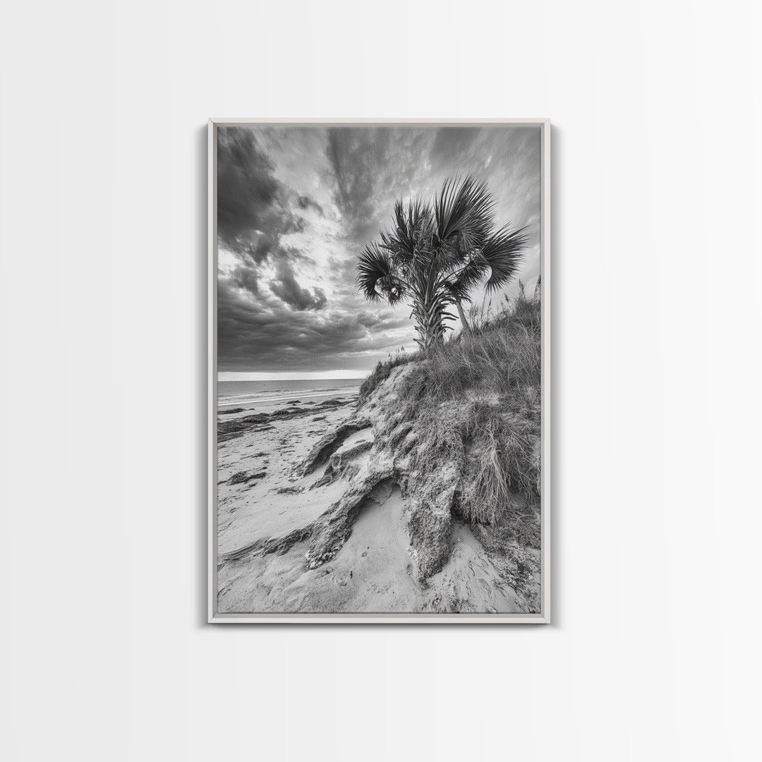Palm Tree Beach, Coastal Dunes, Dramatic Sky, Framed Canvas Print, Tropical Wall Art, Boho Living Room Decor, Beach House Art
