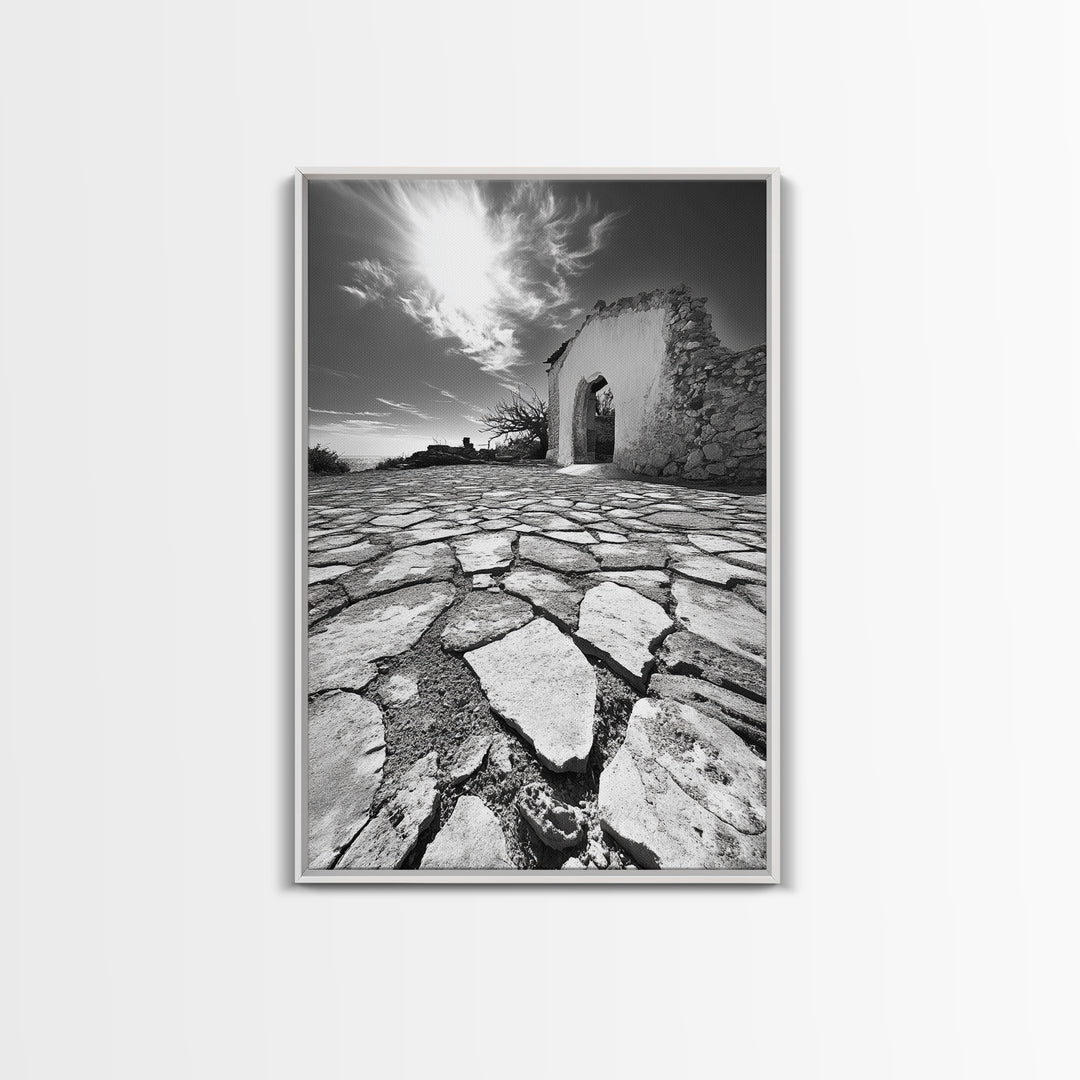 Desert Archway, Stone Ruins, Sunny Sky, Canvas Print, Rustic Travel Wall Art, Mediterranean Decor, Minimalist Earthy Aesthetic