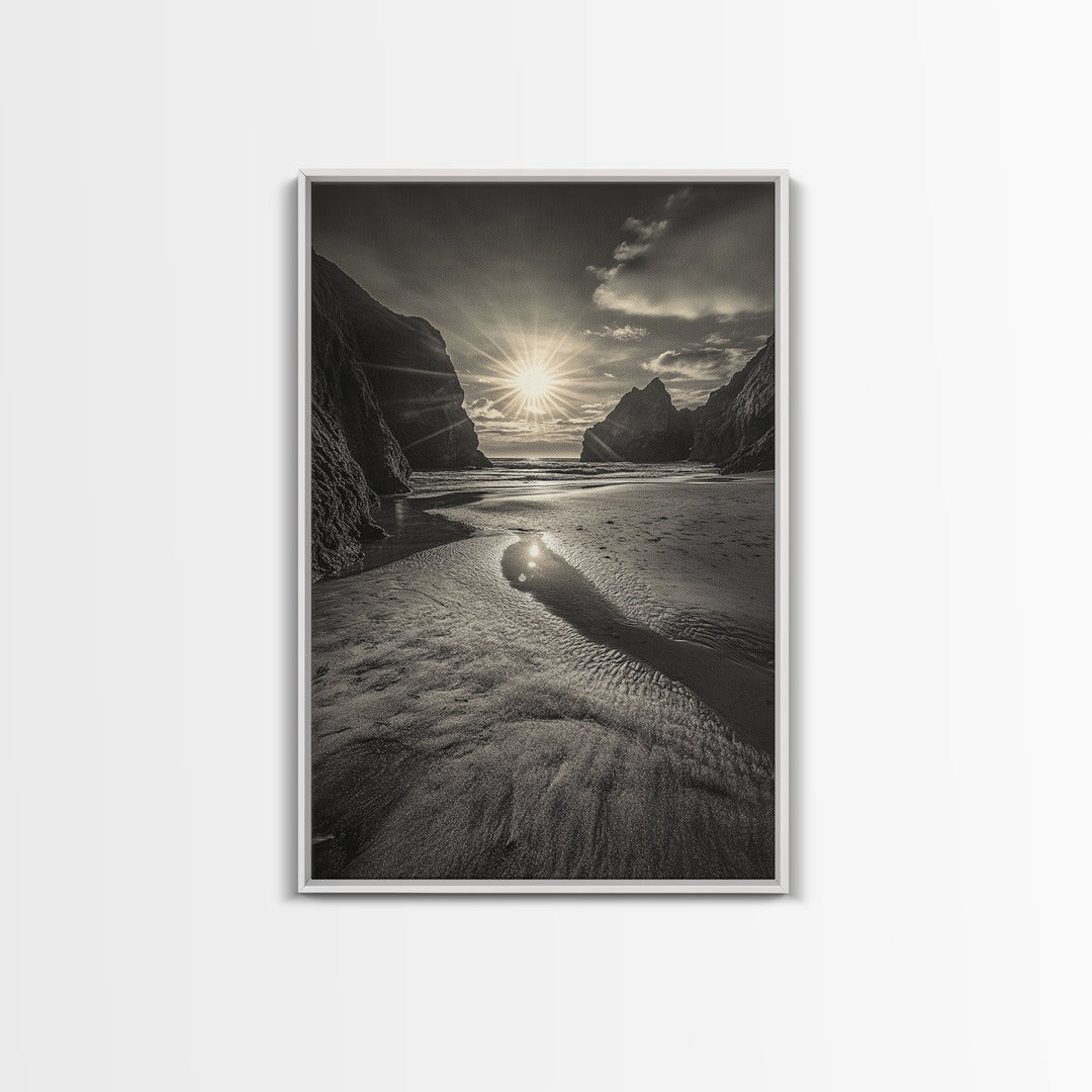 Secluded Beach, Sunset Glow, Reflected Light, Framed Canvas Print, Tranquil Ocean Wall Art, Modern Bedroom Decor, Zen Vibes