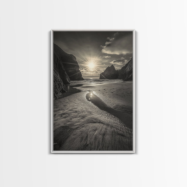 Secluded Beach, Sunset Glow, Reflected Light, Framed Canvas Print, Tranquil Ocean Wall Art, Modern Bedroom Decor, Zen Vibes