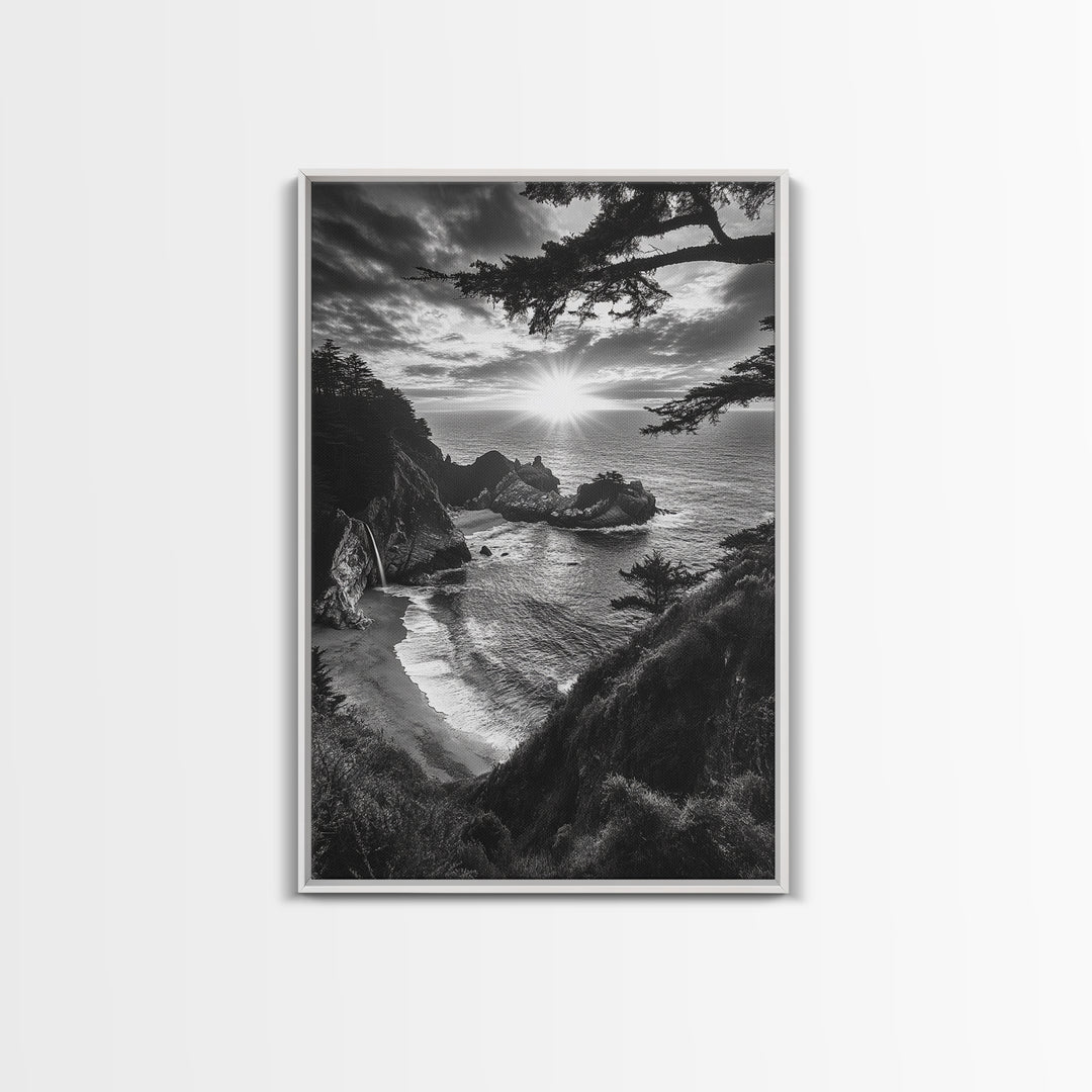 Cliffside Ocean View, Sunset Horizon, Trees Framing Sky, Canvas Print, Coastal Landscape Art, Cabin Living Room Decor, Moody Style