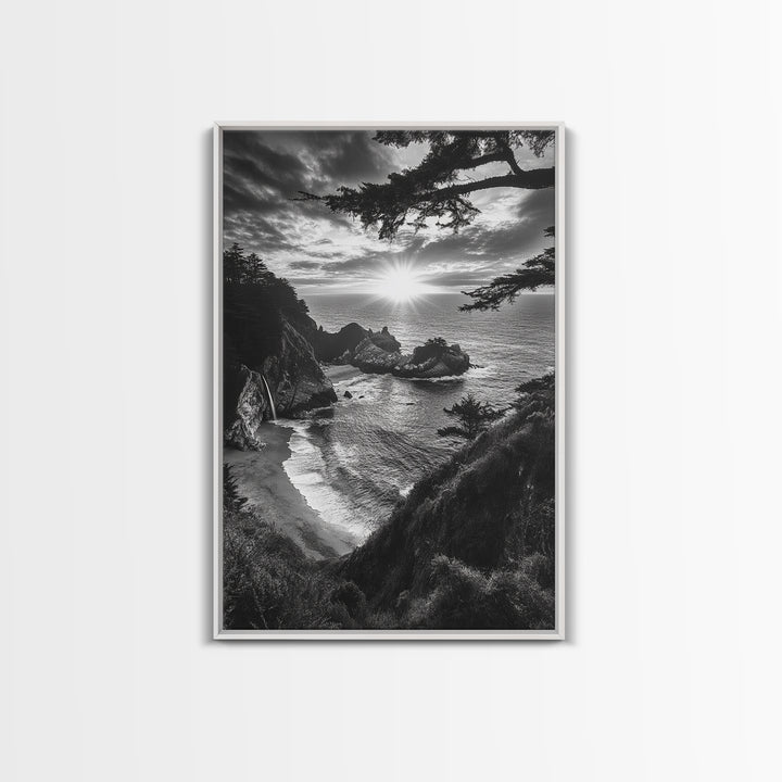 Cliffside Ocean View, Sunset Horizon, Trees Framing Sky, Canvas Print, Coastal Landscape Art, Cabin Living Room Decor, Moody Style