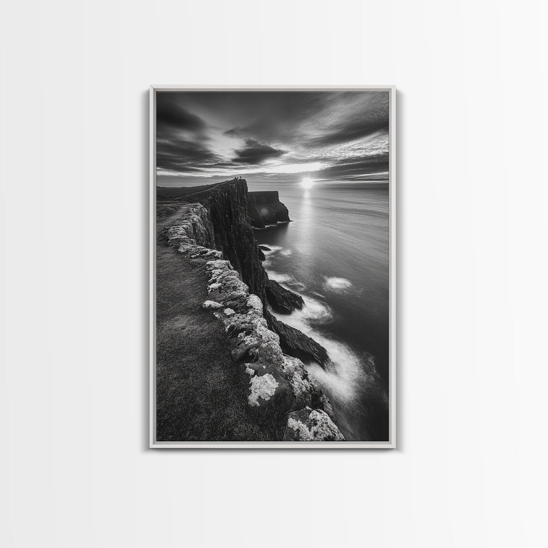 Rugged Sea Cliffs, Sunset Horizon, Serene Waters, Framed Canvas Print, Modern Nature Wall Art, Office Decor, Coastal Aesthetic