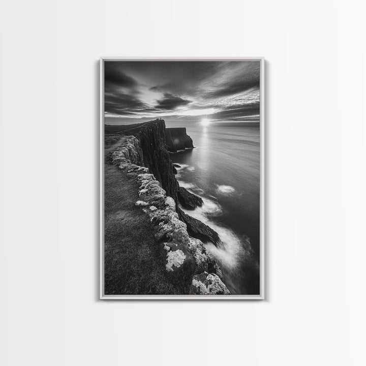 Rugged Sea Cliffs, Sunset Horizon, Serene Waters, Framed Canvas Print, Modern Nature Wall Art, Office Decor, Coastal Aesthetic