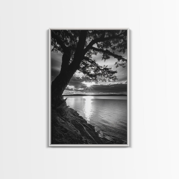 Tranquil Lake Sunset, Tree Silhouette, Calm Waters, Canvas Print, Nature Inspired Wall Art, Relaxing Bedroom Decor, Minimalist Zen