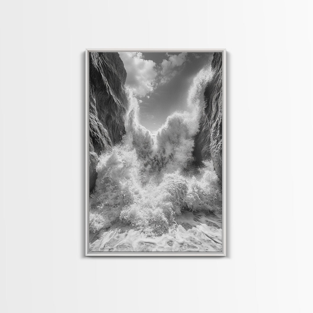 Ocean Splash, Cliff Waves, Nature Power, Dramatic Seascape, Framed Canvas Print, Living Room Statement, Black and White Wall Art
