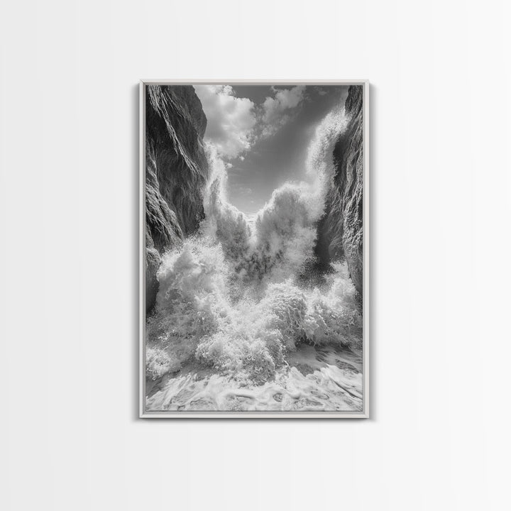 Ocean Splash, Cliff Waves, Nature Power, Dramatic Seascape, Framed Canvas Print, Living Room Statement, Black and White Wall Art