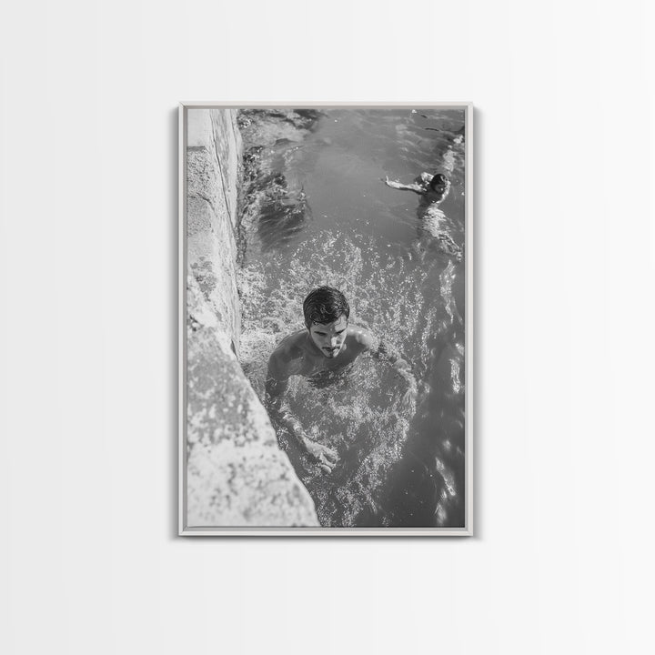 Swimmers, Summer Water, Beach Moment, Candid Photography, Framed Canvas Print, Bathroom Wall Art, Youthful Energetic Decor