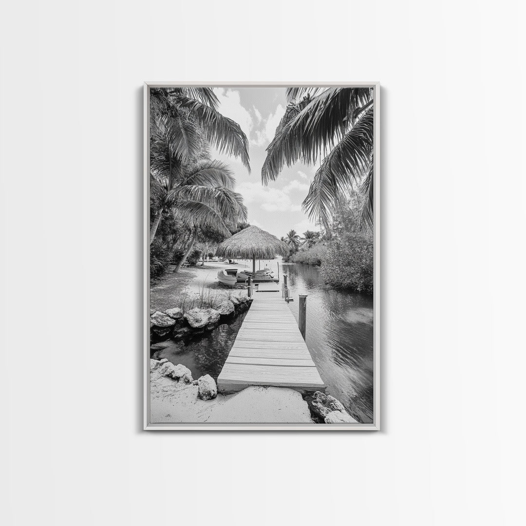 Tropical Dock, Island Escape, Palm Tree Beach, Secluded Lagoon, Canvas Print, Coastal Kitchen Art, Boho Tropical Wall Decor