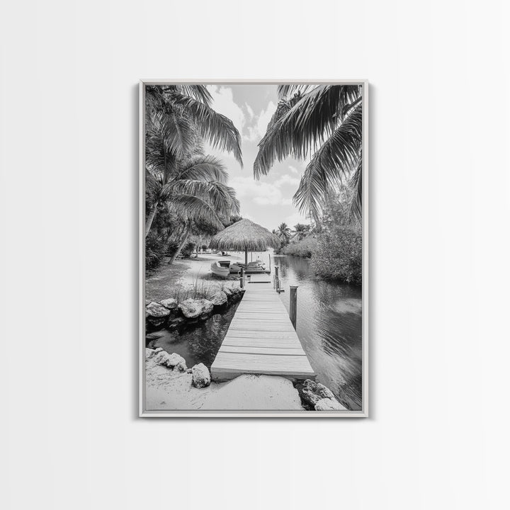 Tropical Dock, Island Escape, Palm Tree Beach, Secluded Lagoon, Canvas Print, Coastal Kitchen Art, Boho Tropical Wall Decor