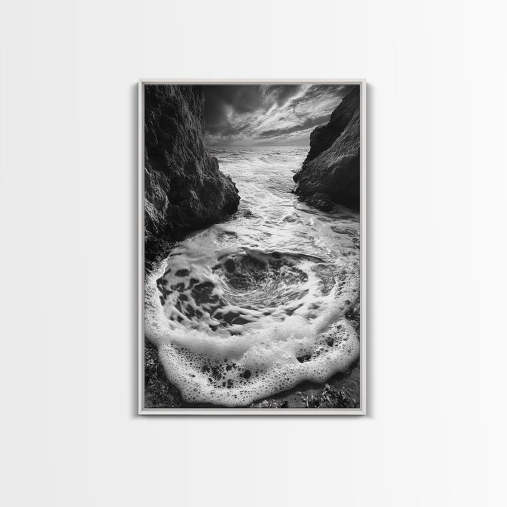 Sea Whirlpool, Dramatic Ocean, Coastal Rocks, Nature Motion, Framed Canvas Print, Bathroom Art, Modern Seaside Wall Decor