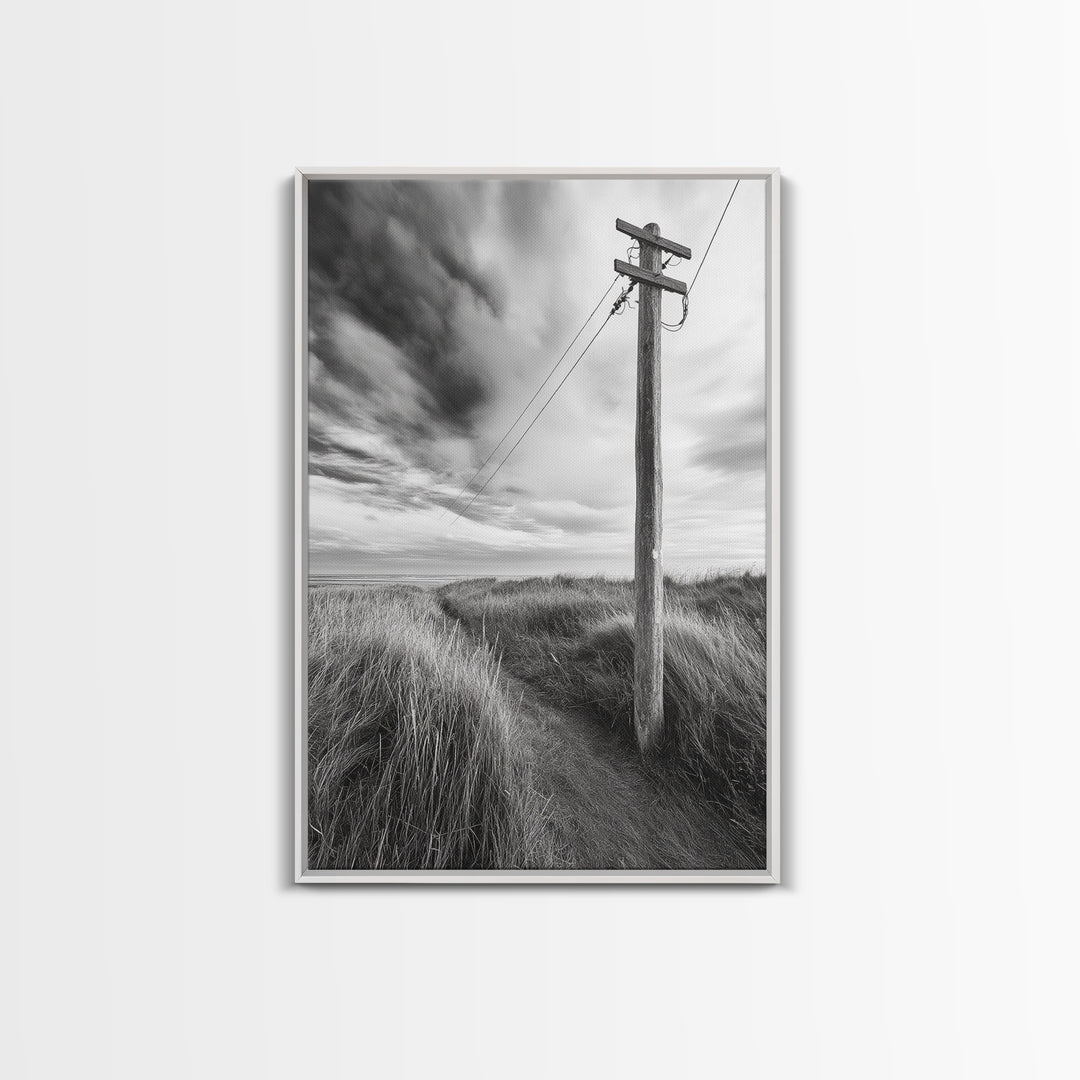 Coastal Path, Telephone Pole, Cloudy Sky, Minimal Nature Scene, Canvas Print, Entryway Wall Art, Rustic Landscape Photography Decor