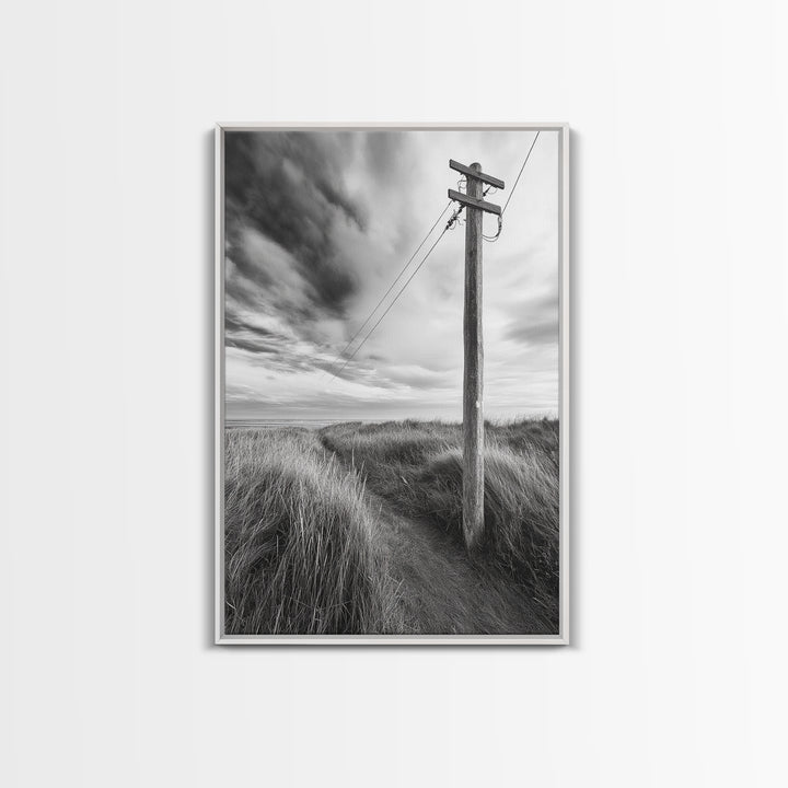 Coastal Path, Telephone Pole, Cloudy Sky, Minimal Nature Scene, Canvas Print, Entryway Wall Art, Rustic Landscape Photography Decor
