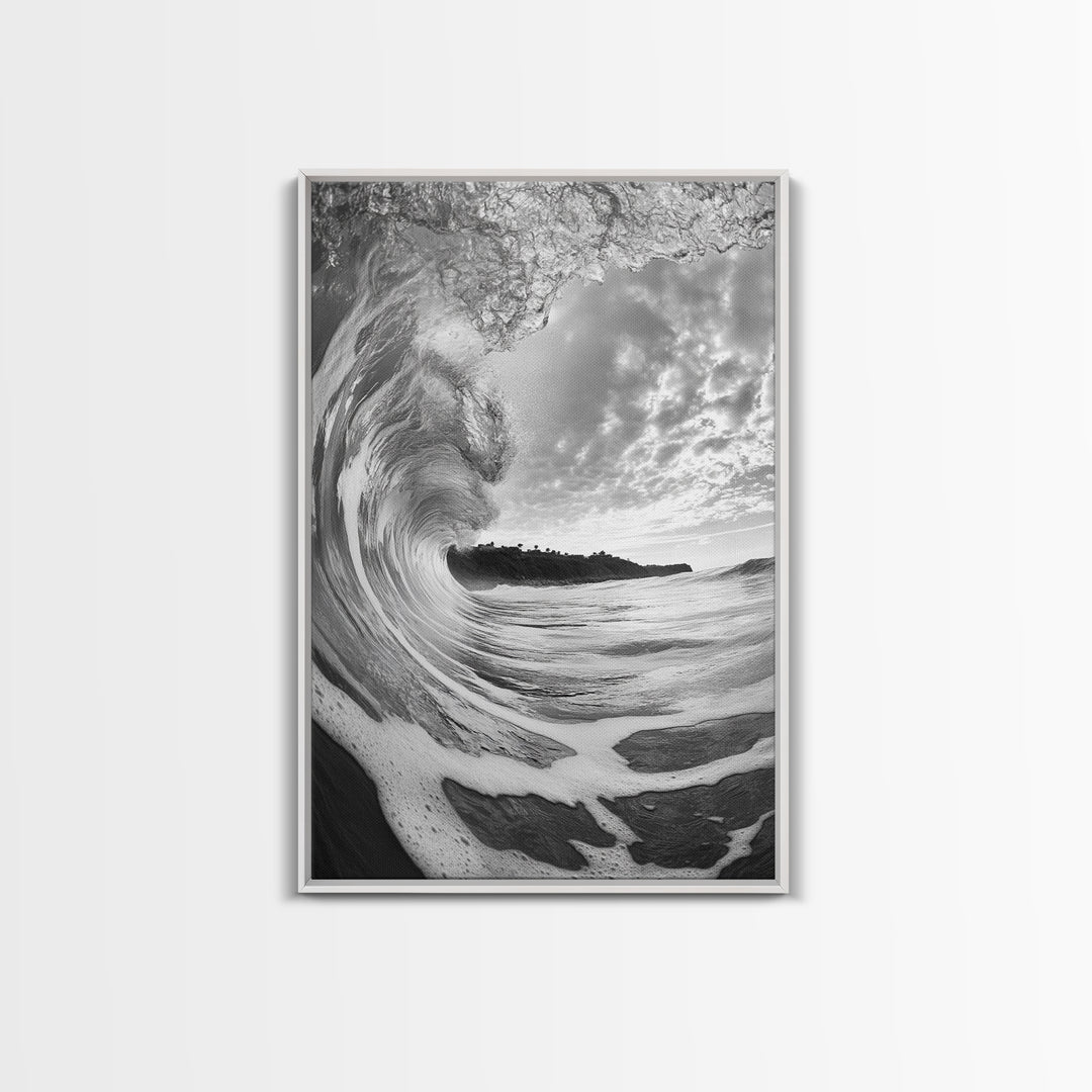 Ocean Wave Tunnel, Surfer's Eye View, Coastal Landscape, Bathroom Wall Art, Adventure Vibes, Framed Canvas Print, Black White Photography