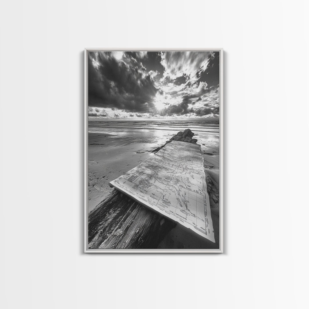 Map On Beach, Travel Adventure Art, Wanderlust Decor, Coastal Office Style, Framed Canvas Print, Explorer Aesthetic, Black White Scene