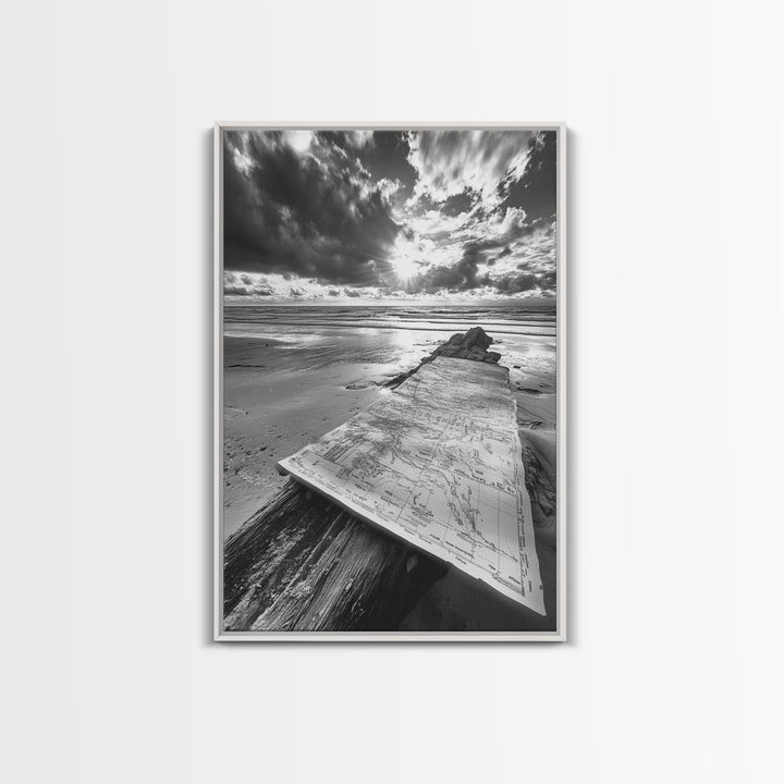 Map On Beach, Travel Adventure Art, Wanderlust Decor, Coastal Office Style, Framed Canvas Print, Explorer Aesthetic, Black White Scene