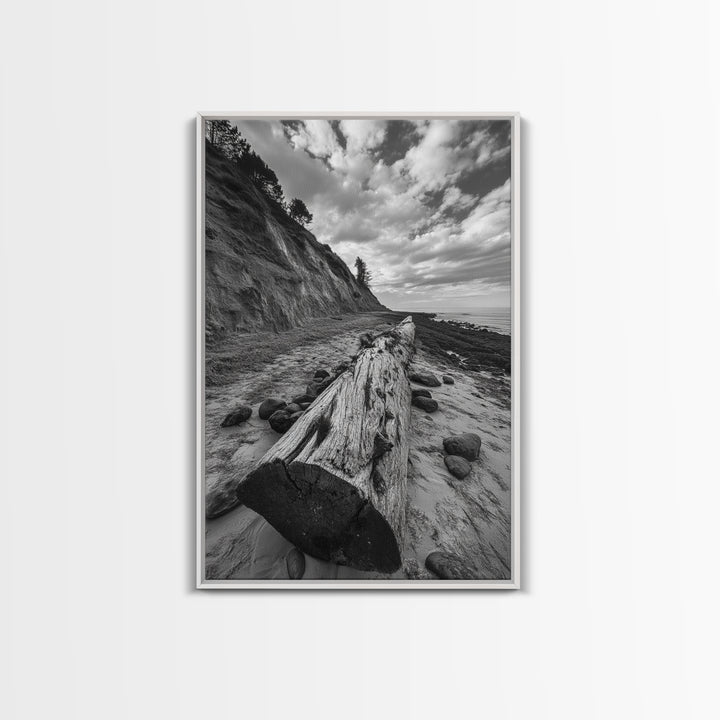 Driftwood Coastal Trail, Cliffside Path Nature Art, Rustic Cabin Style, Black White Photography, Framed Canvas Print, Hallway Wall Decor