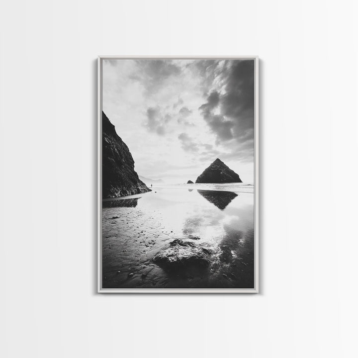 Remote beach reflection, lone hiker wanderlust, coastal rockscape, black white dreamscape, Framed Canvas Print, living room moody decor