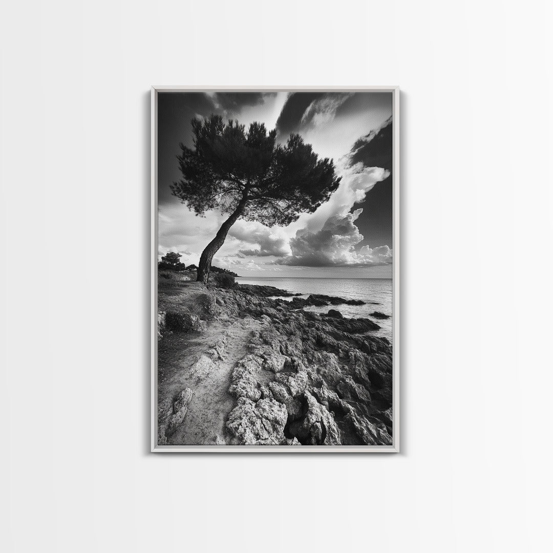 Wind Bent Tree, Coastal Cliff, Solitary Beauty, Canvas Print, Nature Photography Wall Art, Minimalist Earthy Decor, Moody Landscape