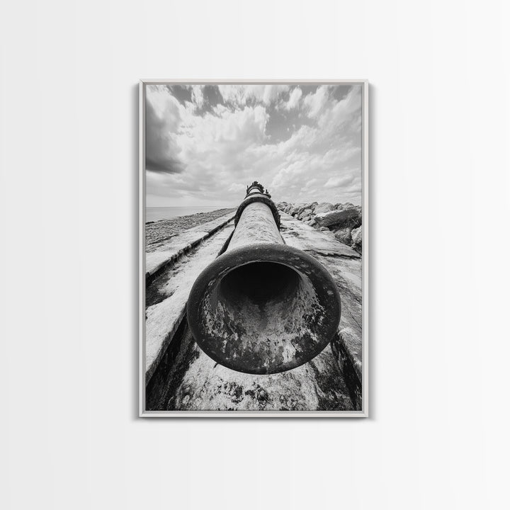 Abandoned Pipe, Coastal Decay, Industrial Remains, Framed Canvas Print, Urban Exploration Art, Gritty Minimalist Decor