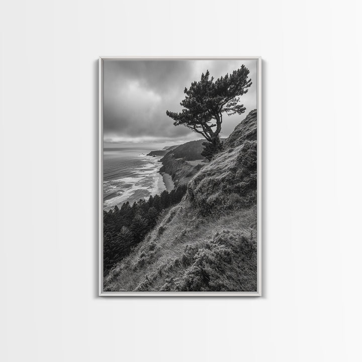Lone Tree, Ocean Bluff, Windy Coastline, Canvas Print, Coastal Landscape Wall Art, Moody Nature Decor, Minimalist Vibe, Coastal Wall Art