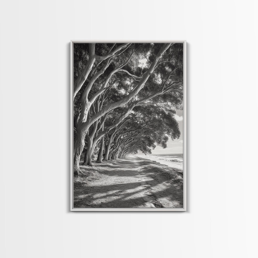 Coastal Tree Path, Nature Shadows, Ocean Breeze, Autumn Light, Framed Canvas Print, Living Room Wall Art, Moody Landscape Photography