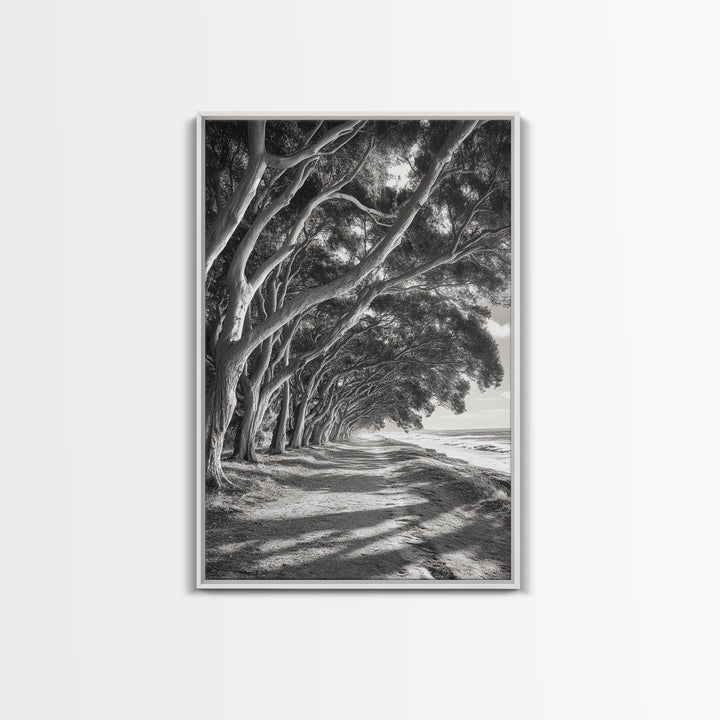 Coastal Tree Path, Nature Shadows, Ocean Breeze, Autumn Light, Framed Canvas Print, Living Room Wall Art, Moody Landscape Photography