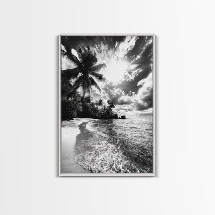 Tropical Sunset Beach, Palms and Waves, Cloudy Skies, Island Vibes, Framed Canvas Print, Coastal Wall Art, Beach House Decor