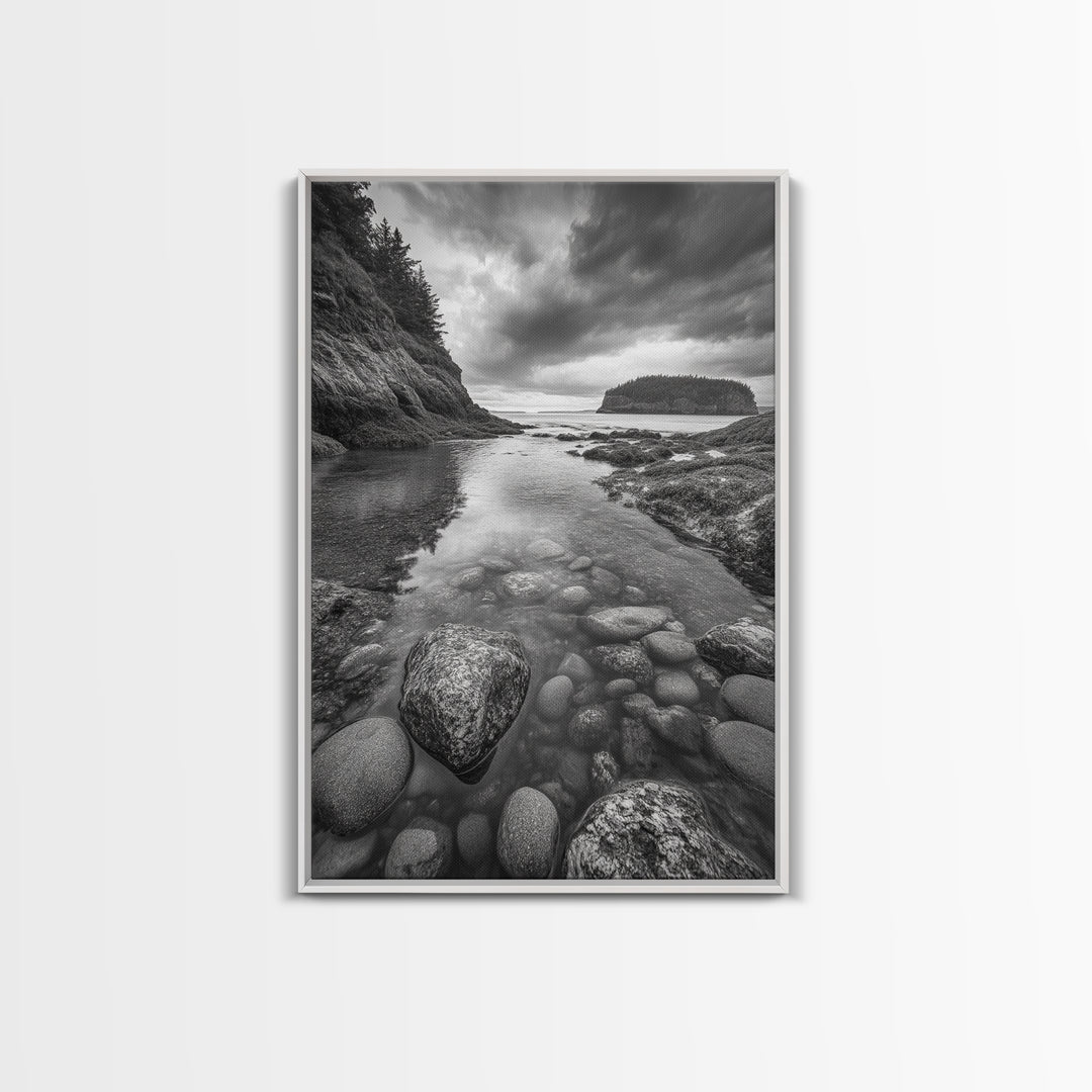 Rocky Shoreline Calm, Pebble Tidepool, Ocean Cliffs, Nature Escape, Canvas Print, Bathroom Wall Art, Black and White Coastal Art