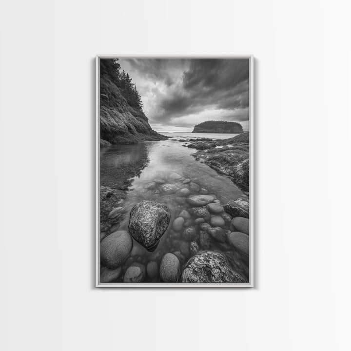 Rocky Shoreline Calm, Pebble Tidepool, Ocean Cliffs, Nature Escape, Canvas Print, Bathroom Wall Art, Black and White Coastal Art