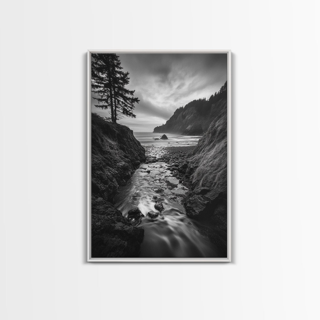 River Meets Sea, Forest Coast, Rugged Beauty, Sunset Flow, Canvas Print, Nature Wall Art, Moody Living Room Landscape