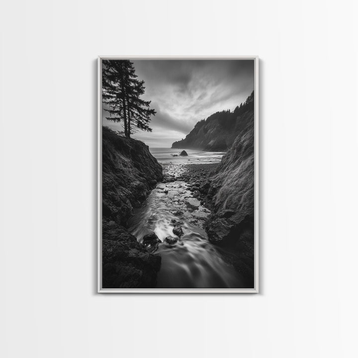 River Meets Sea, Forest Coast, Rugged Beauty, Sunset Flow, Canvas Print, Nature Wall Art, Moody Living Room Landscape