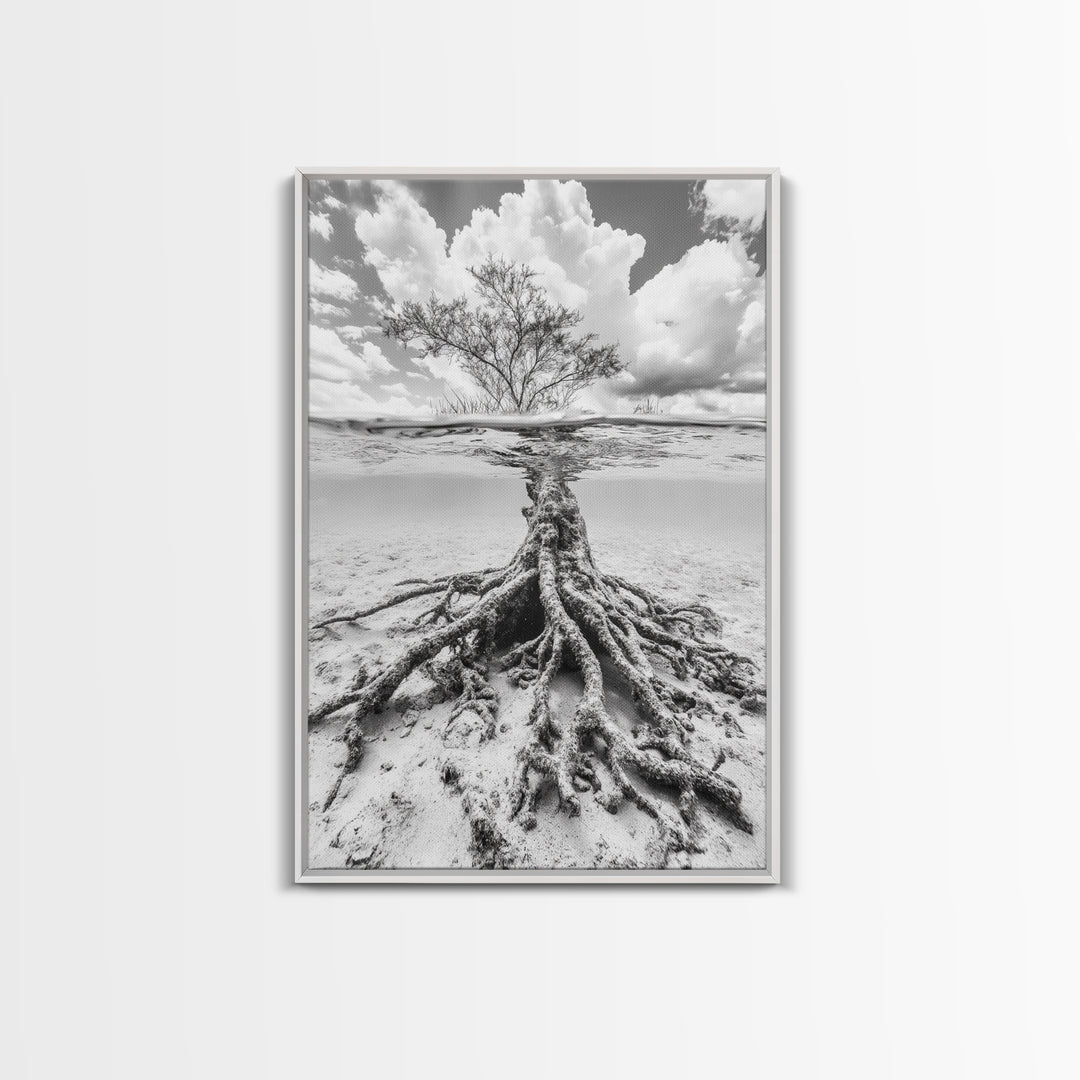 Half Underwater Tree, Split View Nature, Aquatic Roots, Stormy Skies, Framed Canvas Print, Coastal Wall Art, Unique Nature Photography