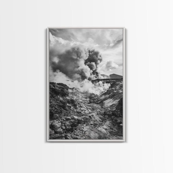 Volcanic Eruption Smoke, Lava Rocks, Earth Energy, Fiery Terrain, Framed Canvas Print, Office Wall Art, Dramatic Nature Landscape