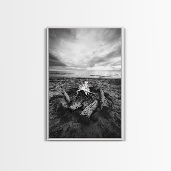 Coastal campfire glow, serene seaside bonfire, sunset flames, sandy warmth, Framed Canvas Print, Fall decor, cozy cabin wall art